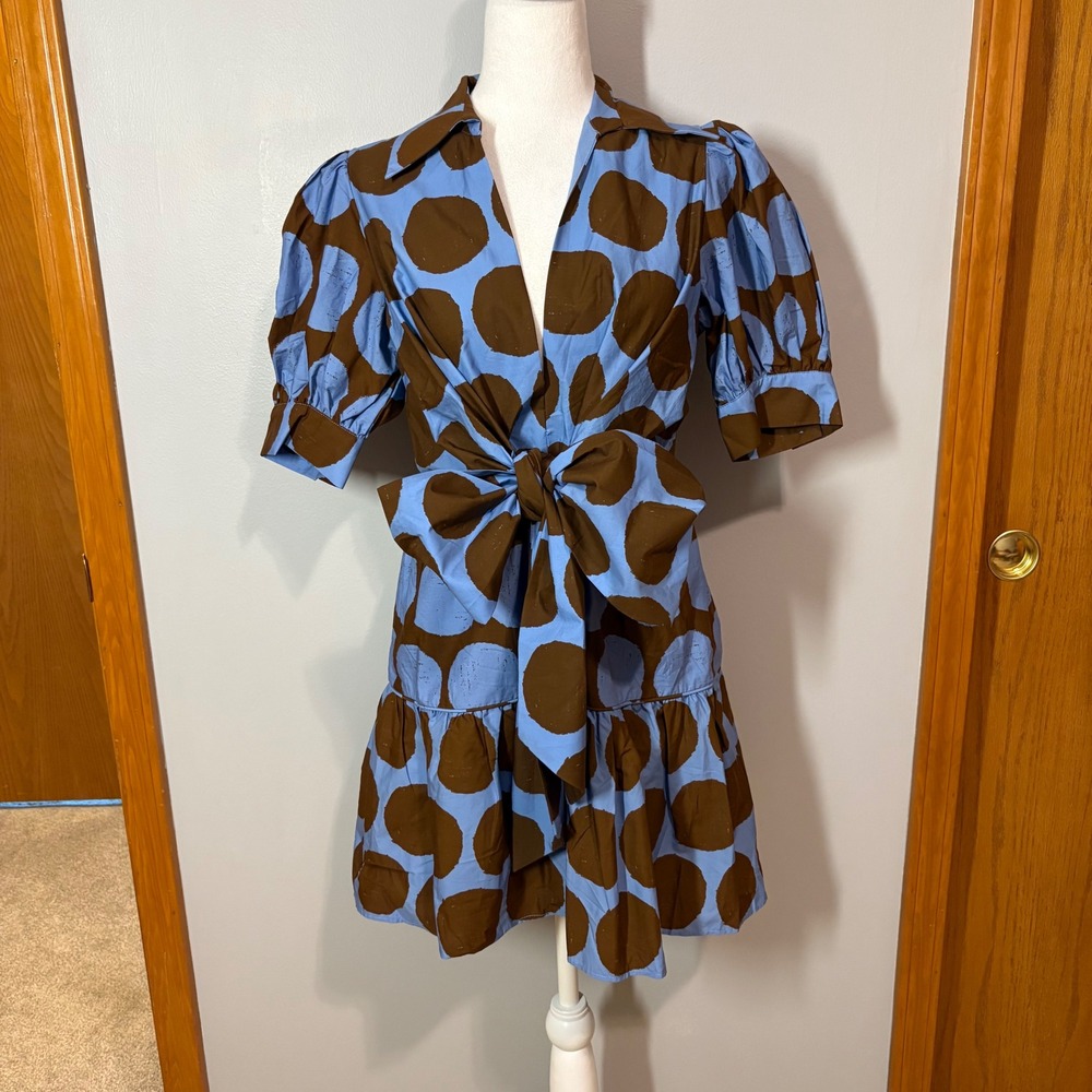 Anthropologie Farm Rio Mini Dress Blue Puff Sleeve Bow Vacay Resort Retro S NWT - Picture 5 of 16